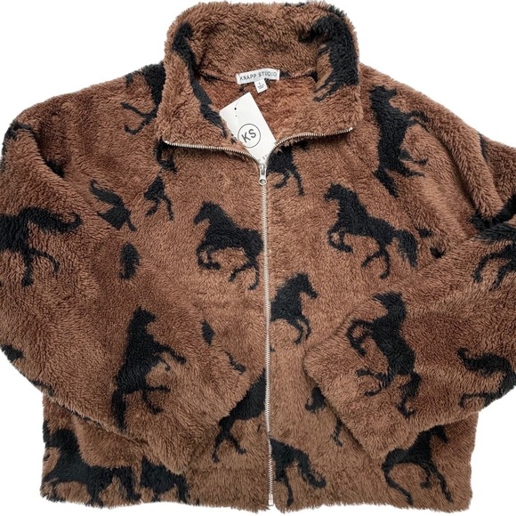 NWT Knapp Studio Horse Print Fleece Jacket Brown Black Full Zip Sherpa Large - Picture 2 of 8